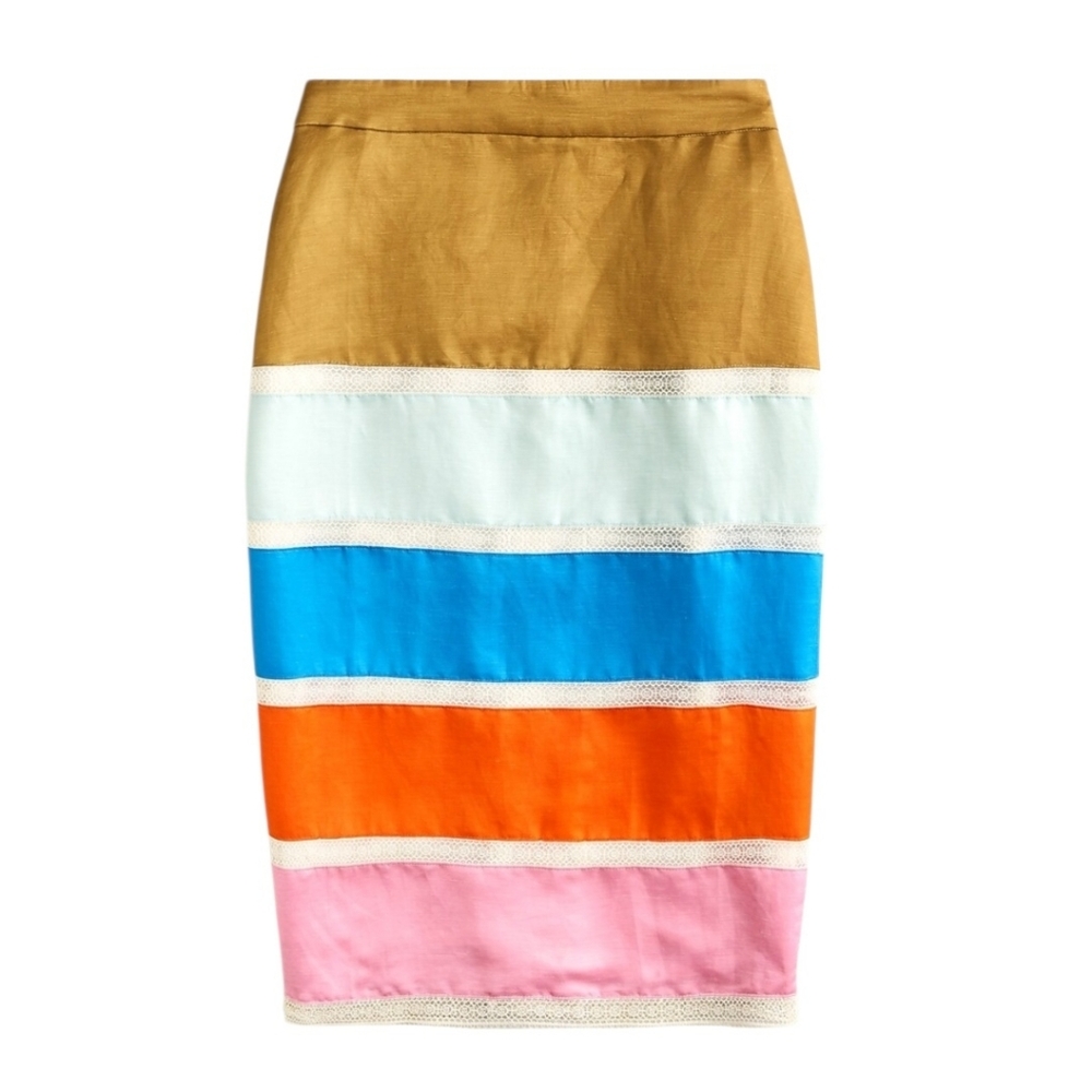 NEW J.Crew Satin Crochet Ribbon ColorBlock Pencil Skirt 10 Blue Orange Pink NWT